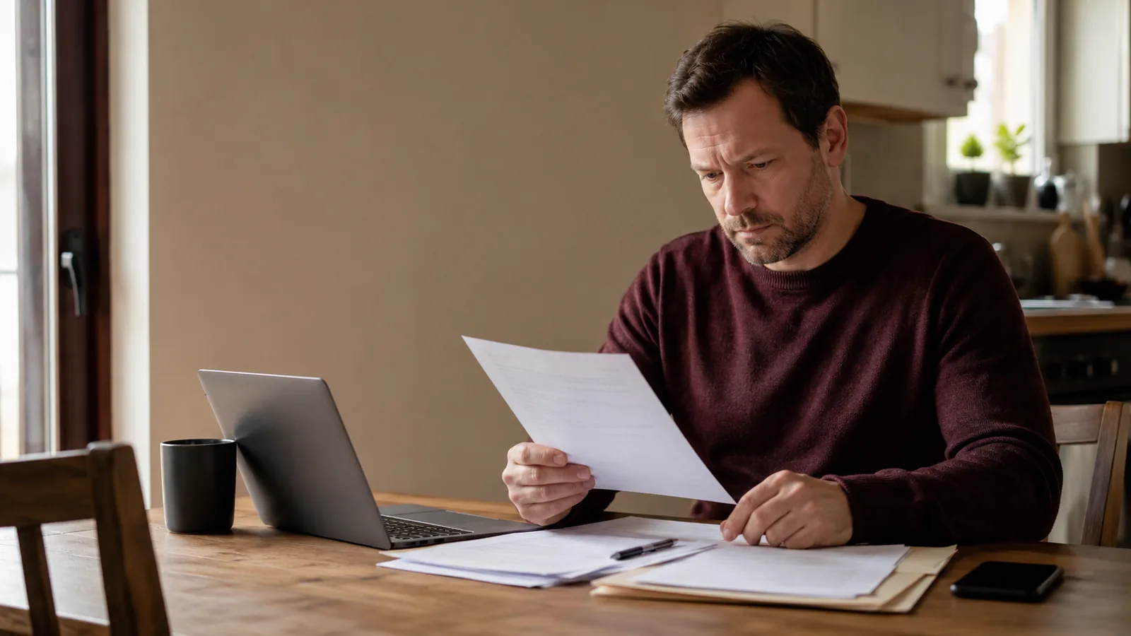 Worker reviewing unemployment appeal papers at a kitchen table.