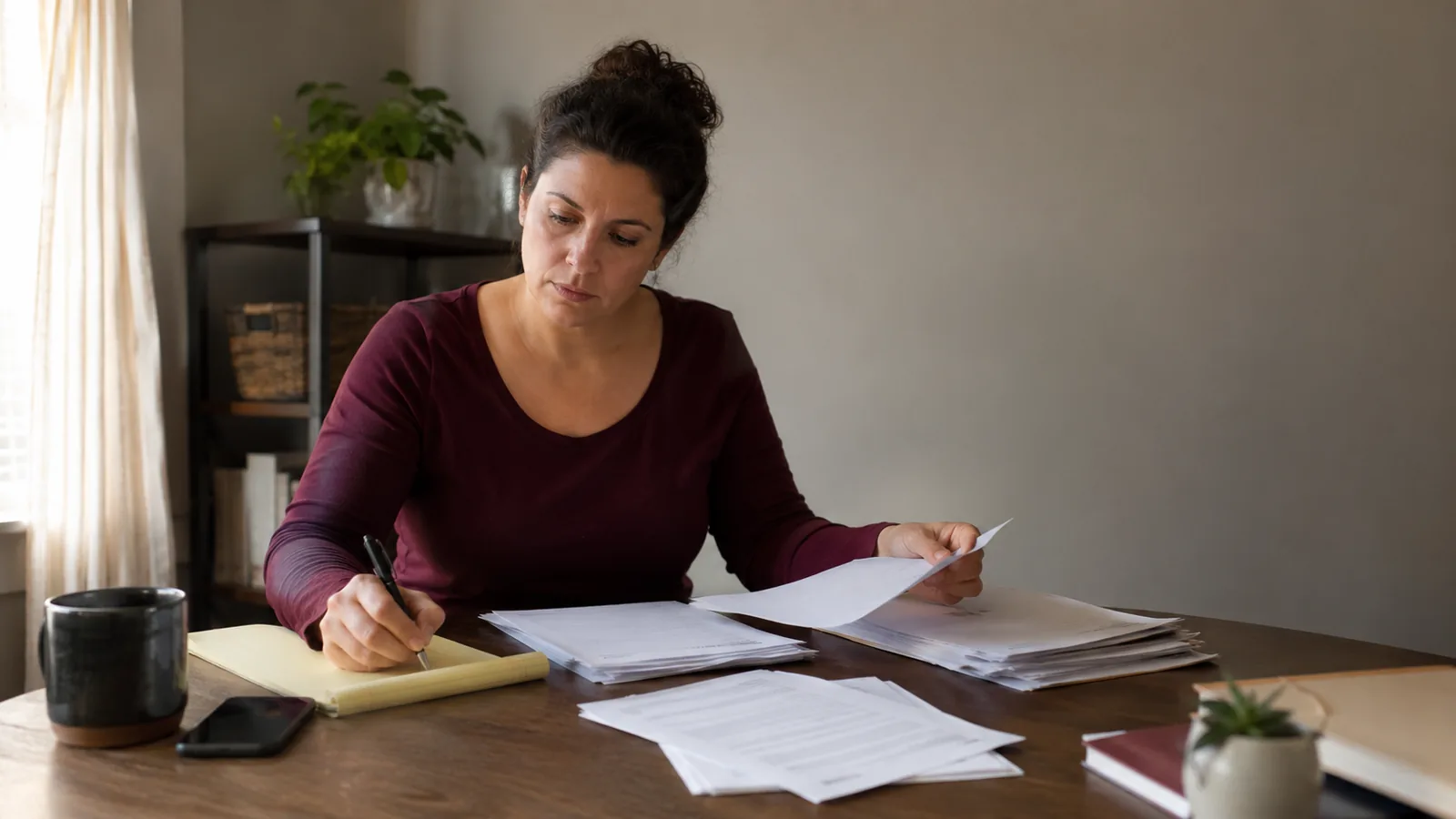 Worker organizing appeal papers and making notes at home.