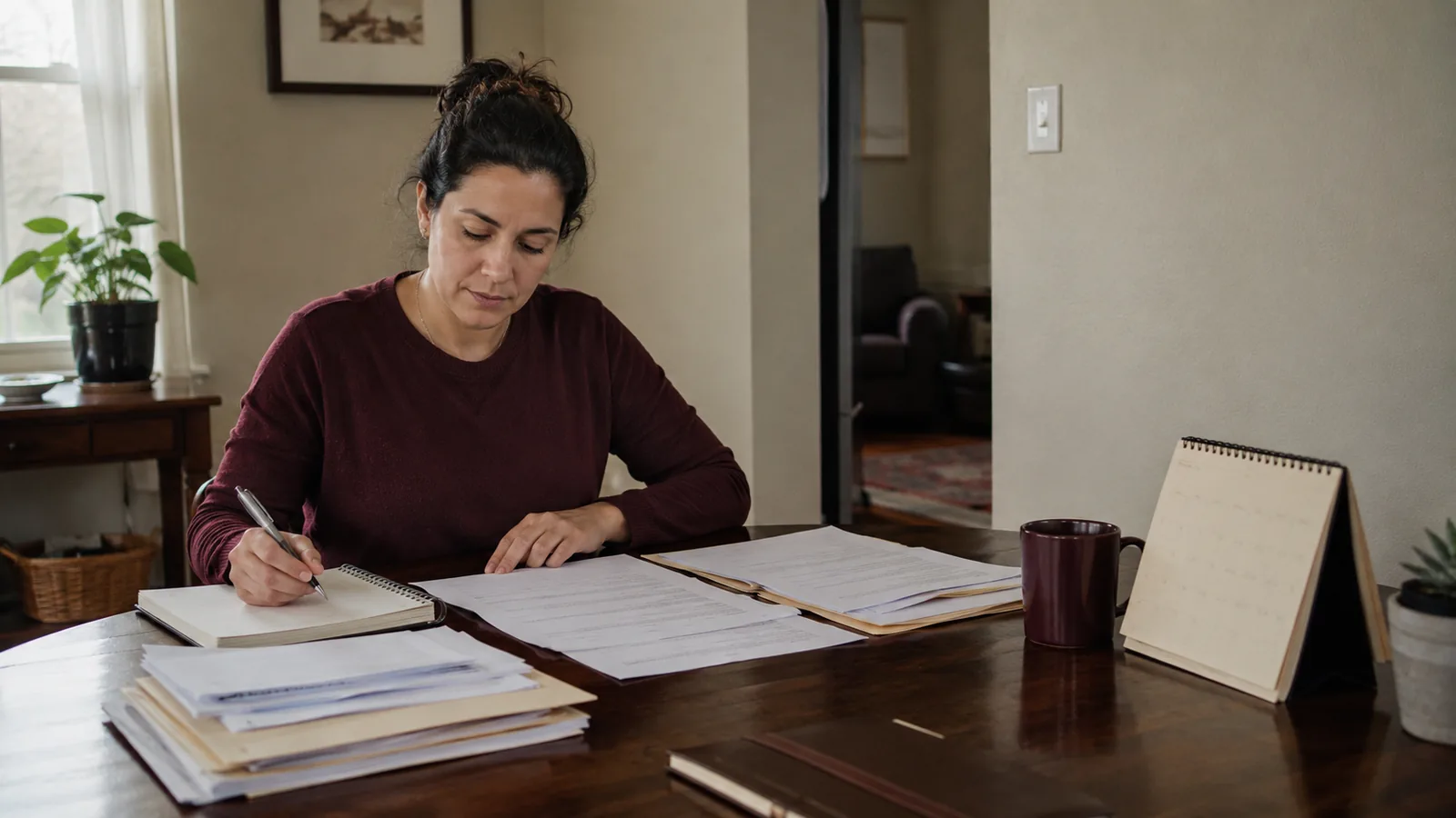 Worker organizing documents beside a calendar and notebook.