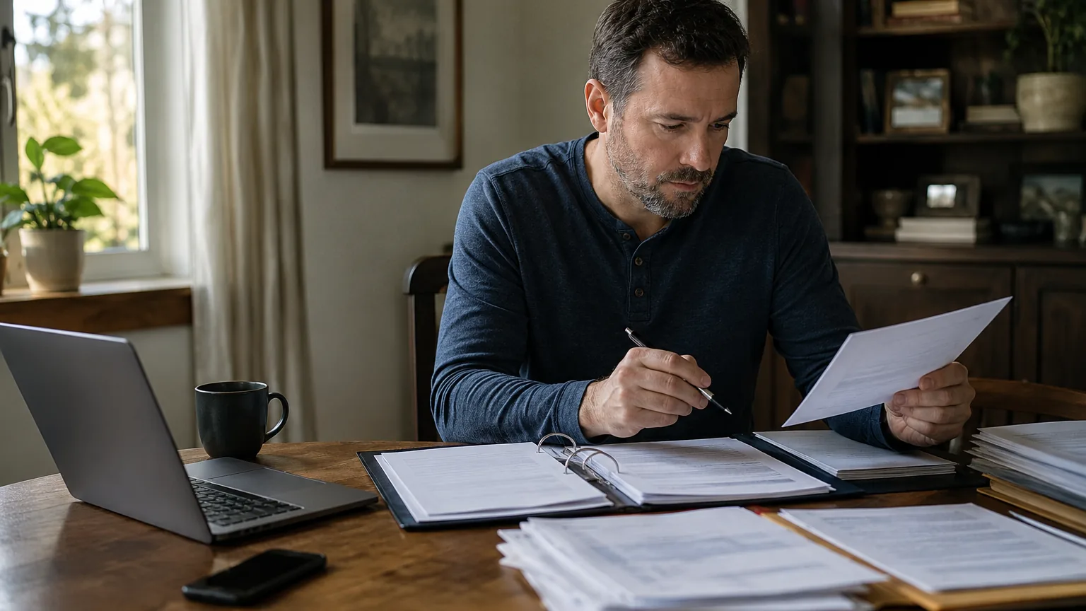 Claimant reviewing organized hearing papers and a binder.