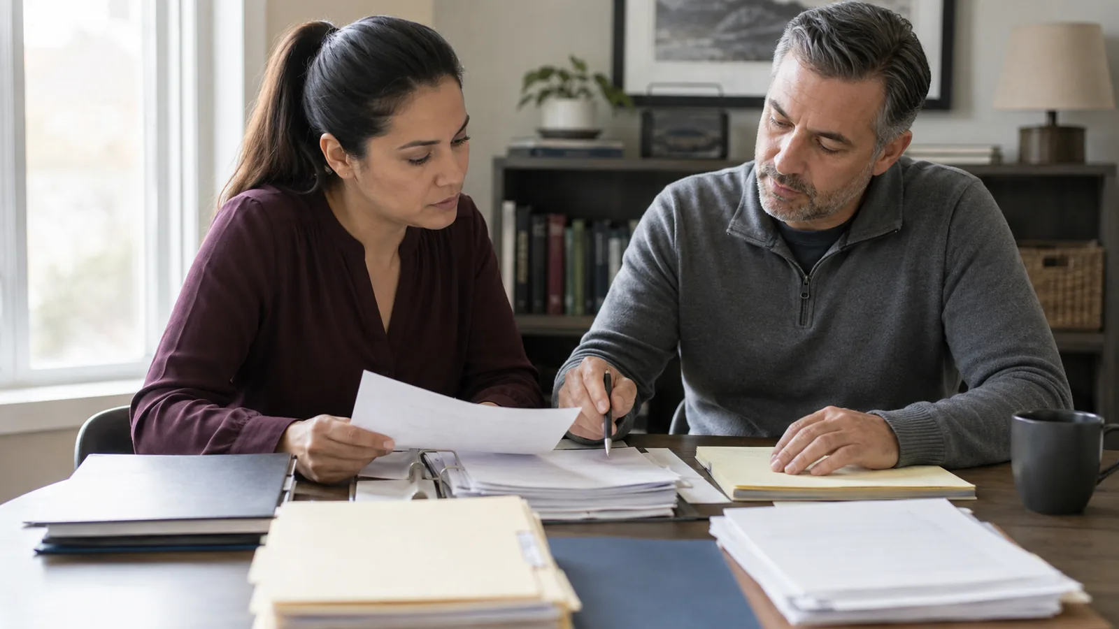 Two people reviewing and organizing records together.