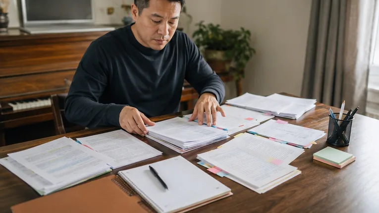 Worker organizing a detailed set of records and notes.