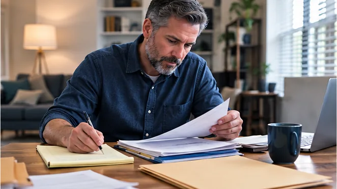 Worker reviewing records while writing chronology notes.