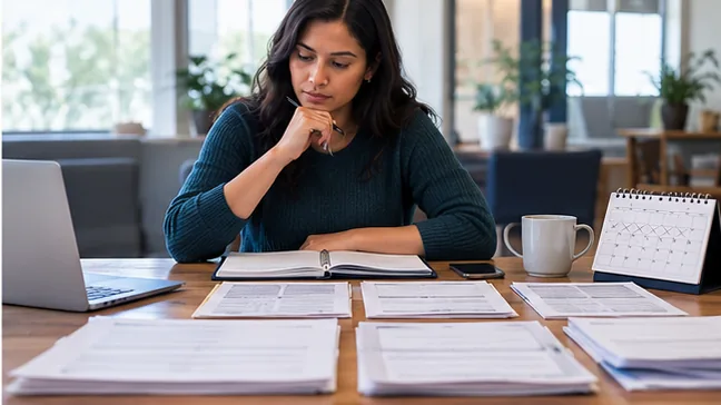 Worker reviewing appeal papers beside a desk calendar.