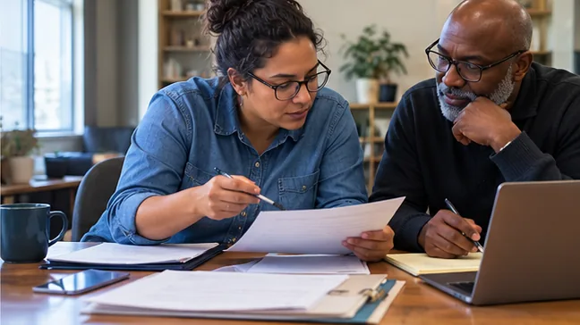 Claimant and advocate reviewing an appeal document together.