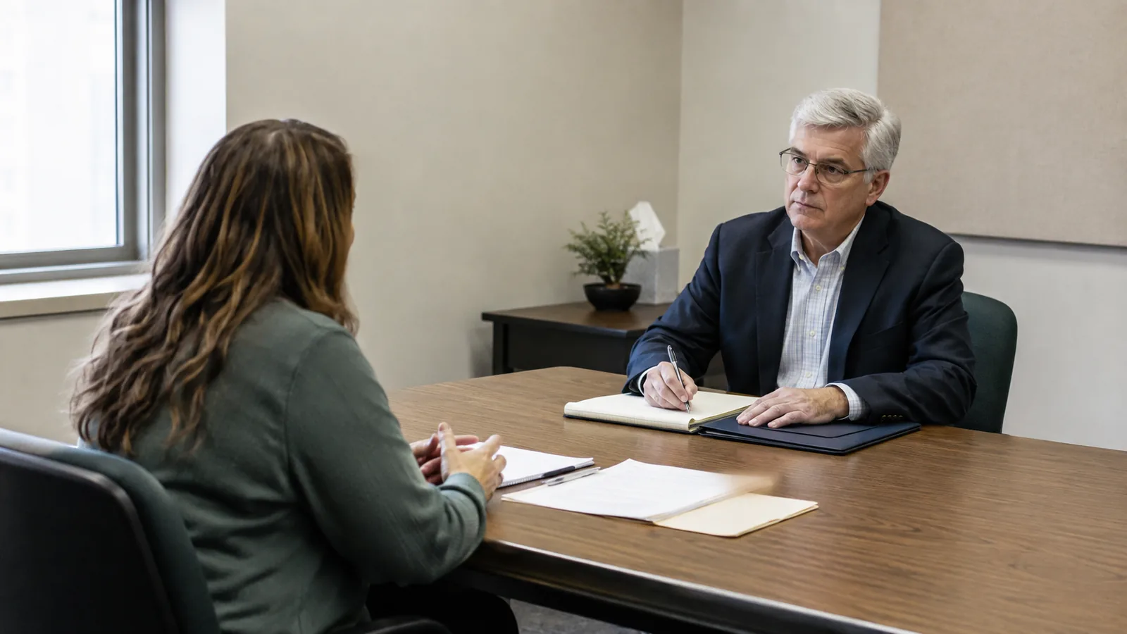 Claimant speaking with a hearing official in a plain administrative room.