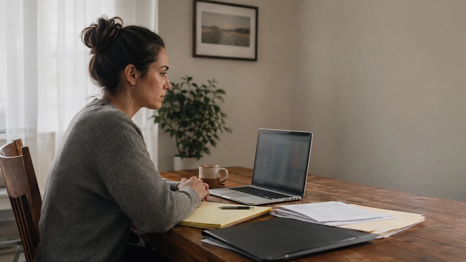 Claimant seated at a laptop preparing for a remote hearing.