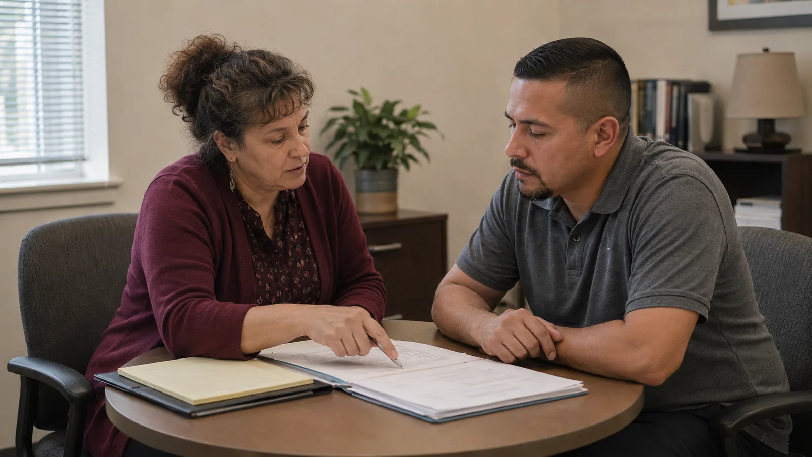 Claimant and representative reviewing a hearing record together.