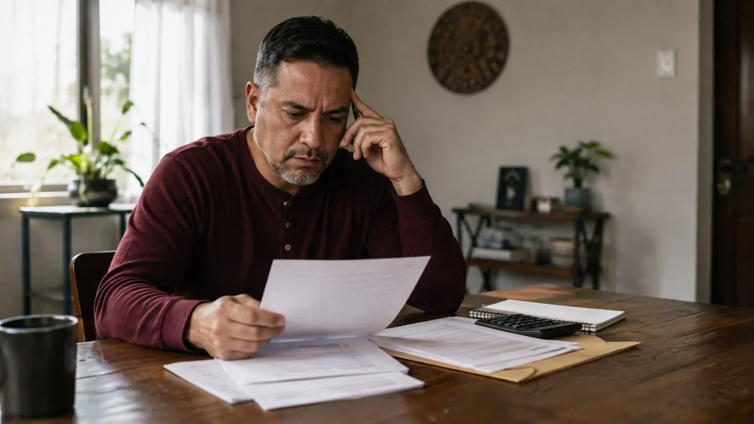 Claimant reviewing an unemployment overpayment notice beside a calculator.