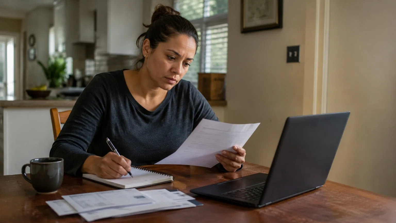 Claimant reviewing account and claim information beside a laptop.