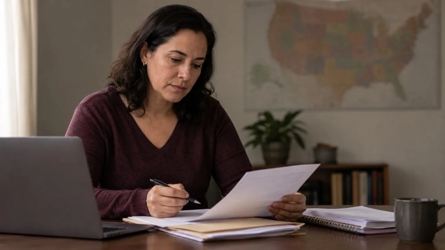 Worker reviewing appeal documents with a United States map in the background.