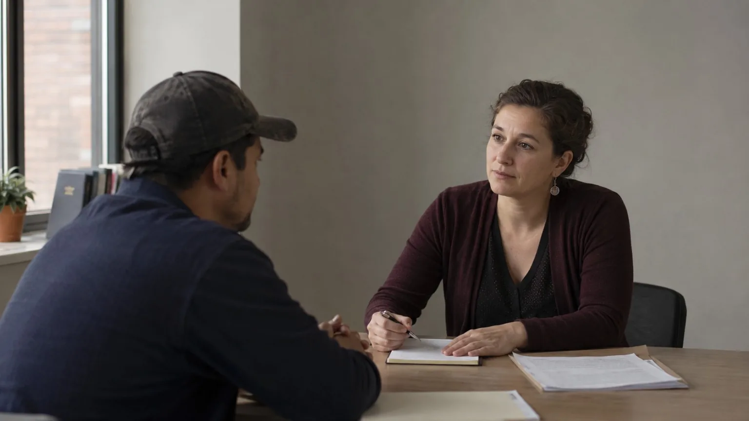 Worker meeting with a community or legal-aid advocate.