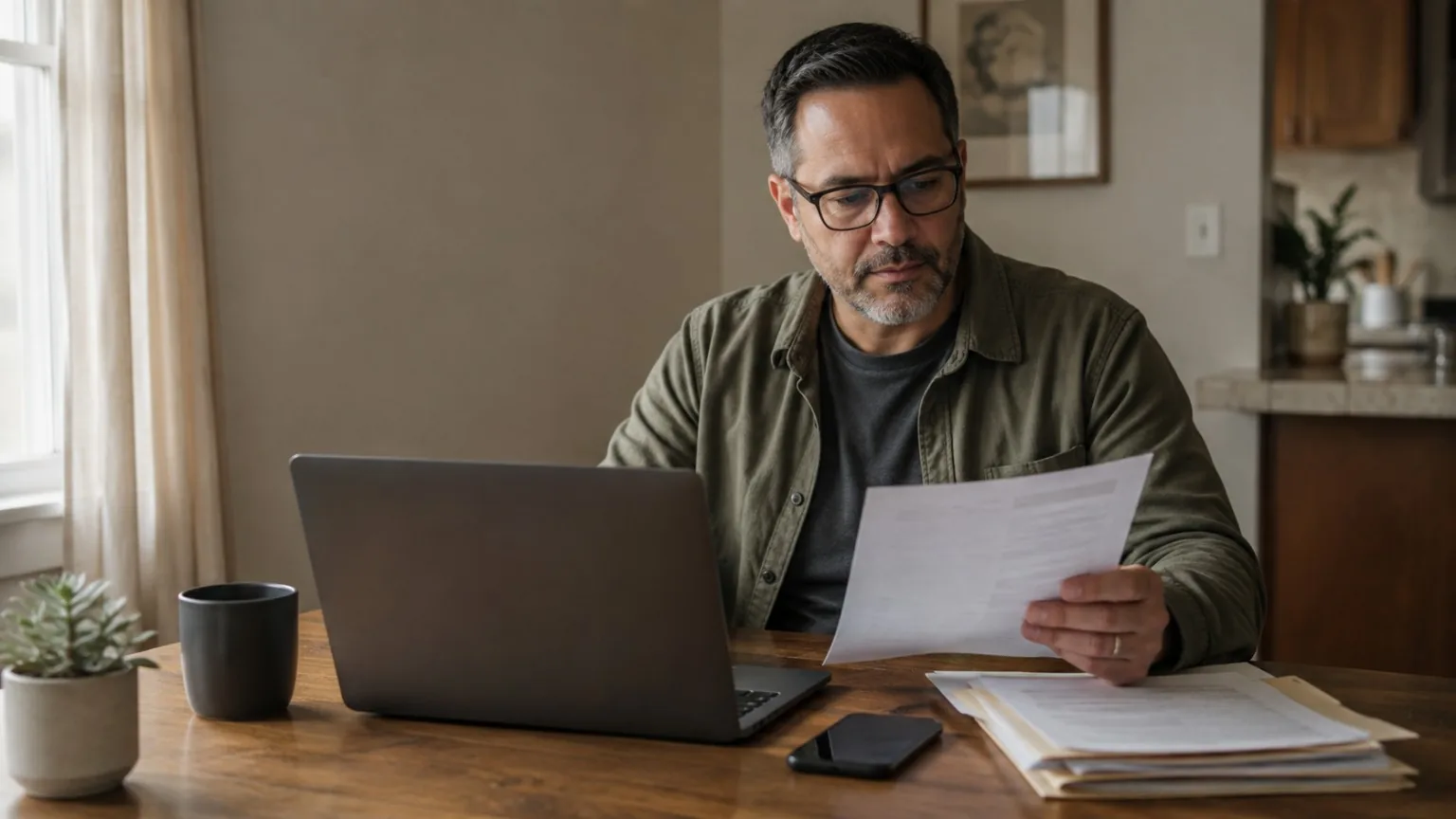 Worker comparing an unemployment document with information on a laptop.