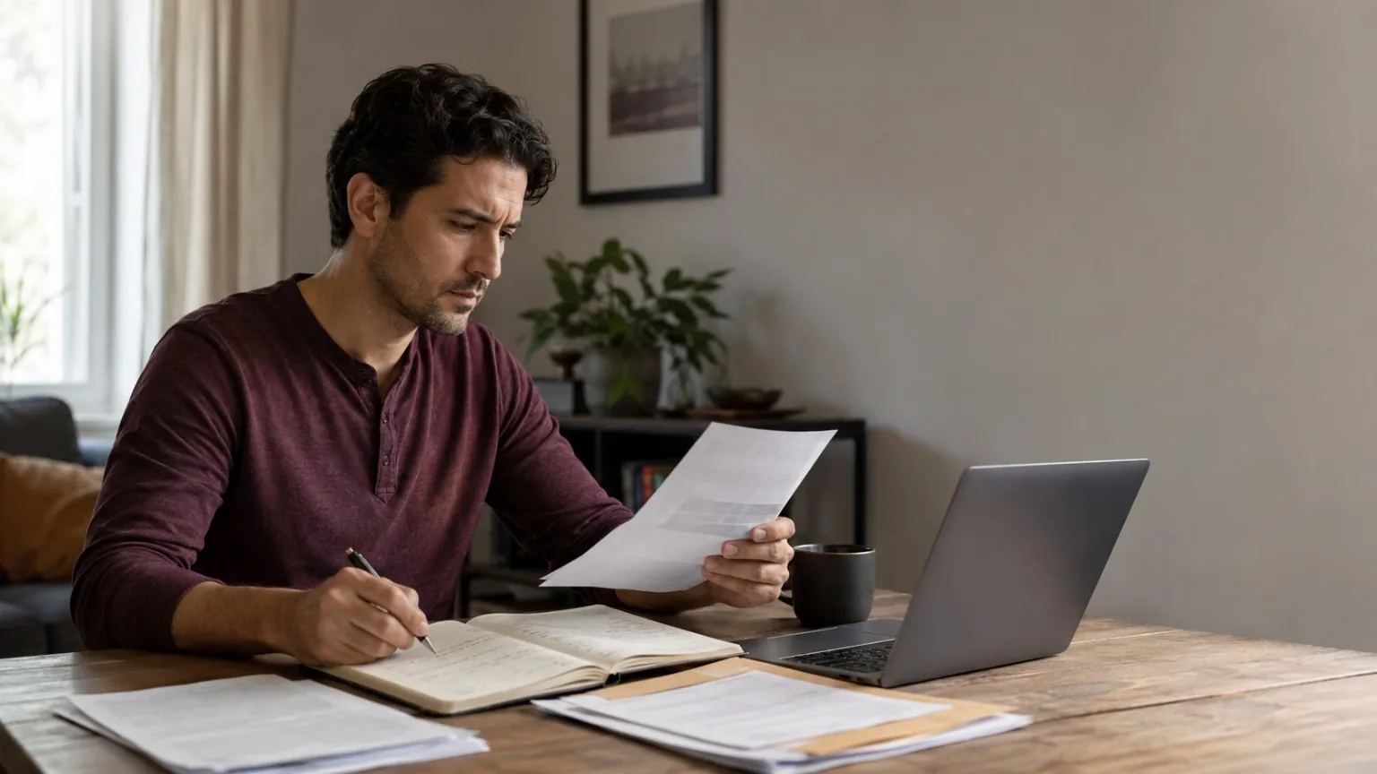 Worker reviewing unemployment records while making notes.
