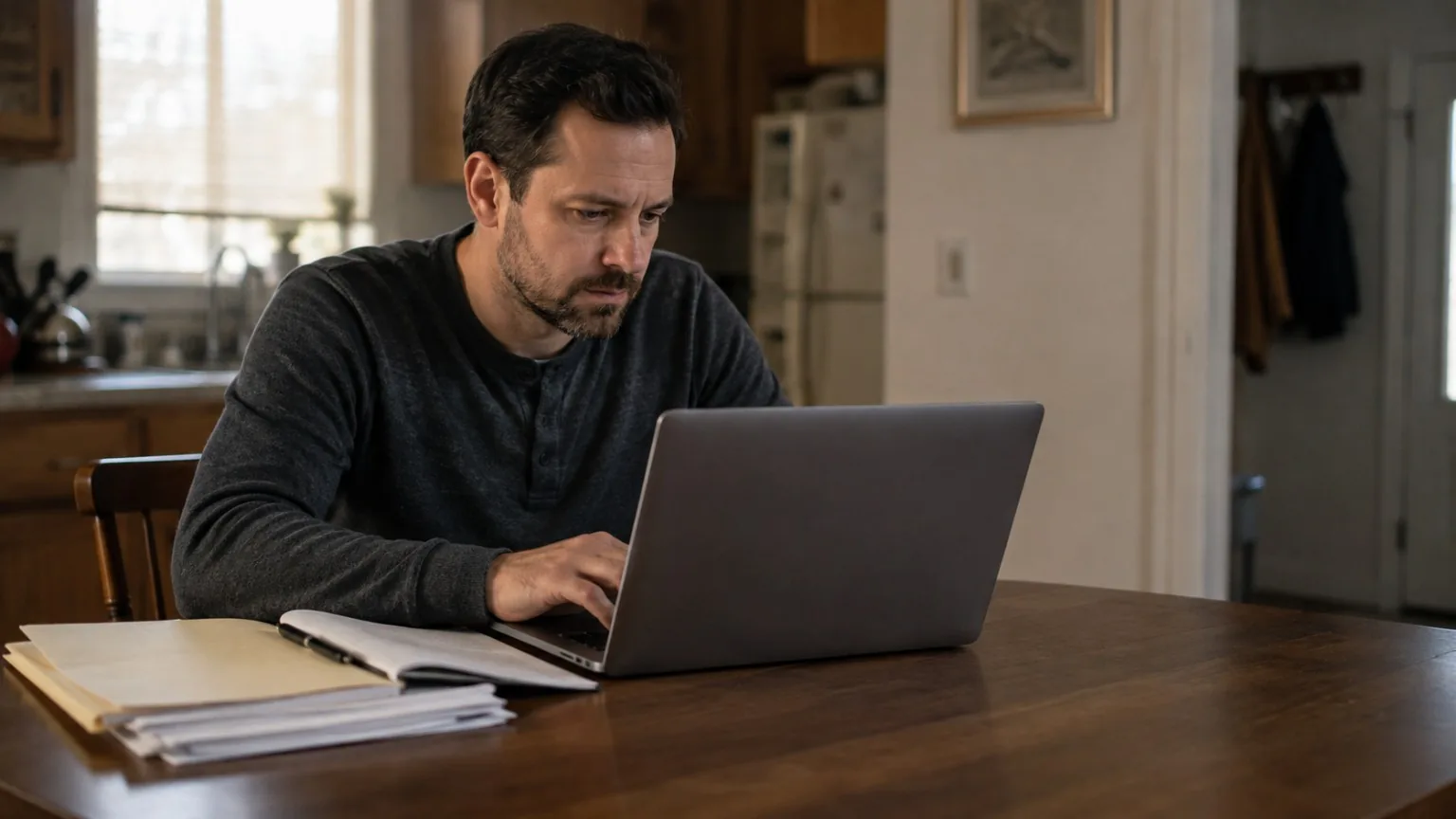 Worker using a laptop to navigate an unemployment matter.