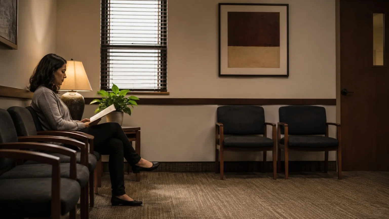 Claimant waiting with paperwork in a quiet administrative office.