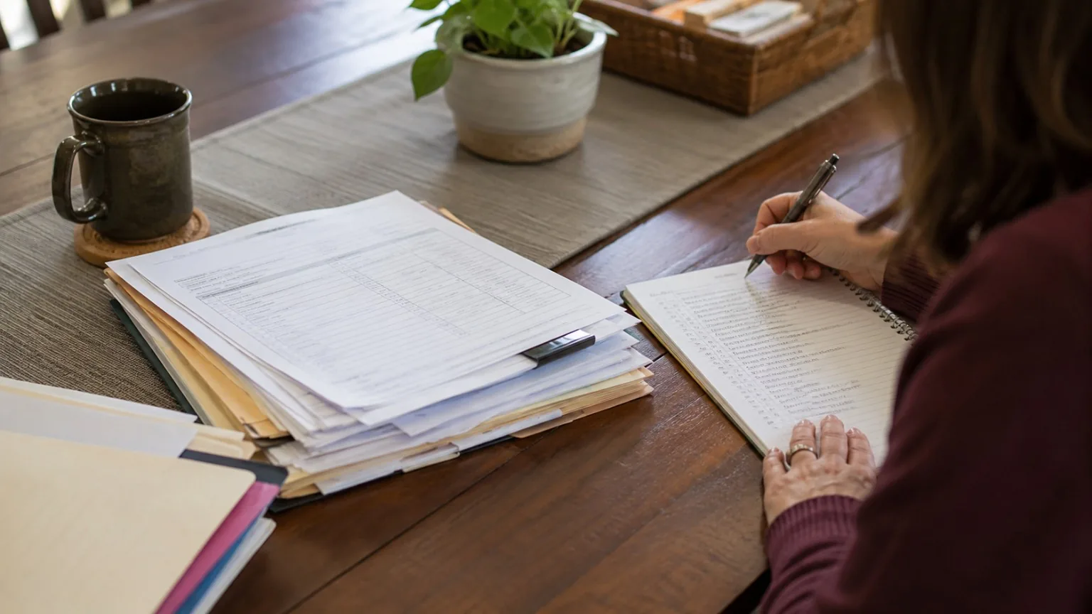 Close view of organized records and handwritten chronology notes.